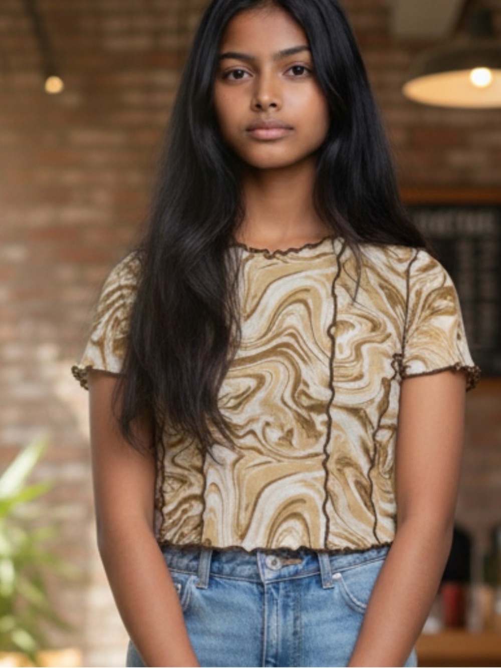 Forever 21 Brown Swirl Short Sleeve Top